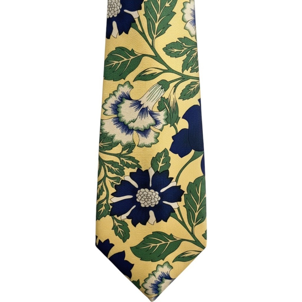 Vintage J.T. Beckett Necktie Yellow Navy Blue Floral Silk Made in Portugal